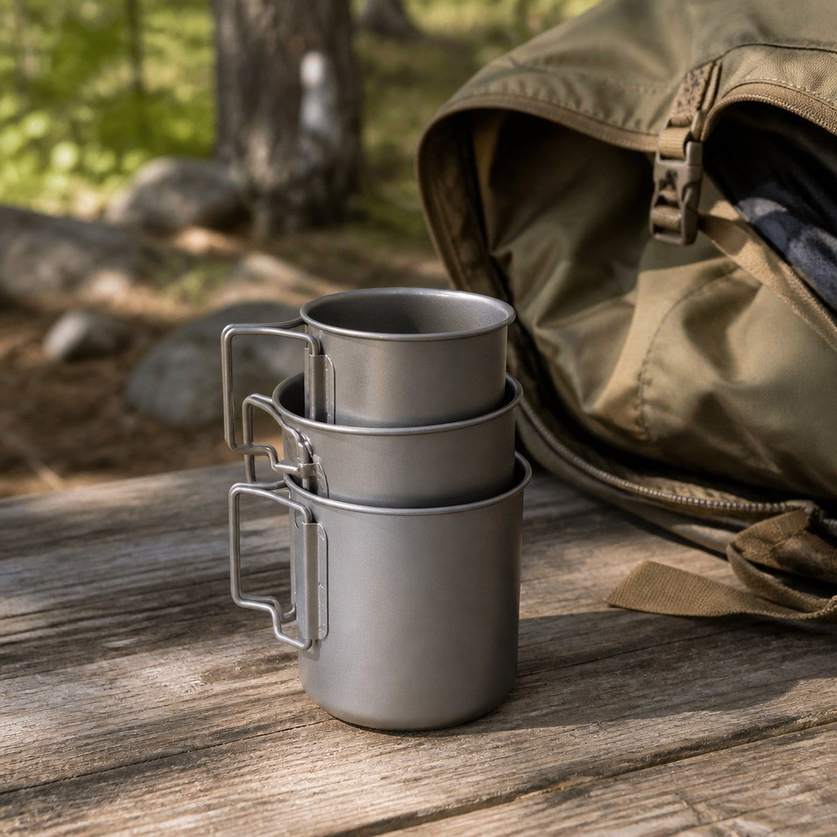 Nesting titanium mugs with a backpack