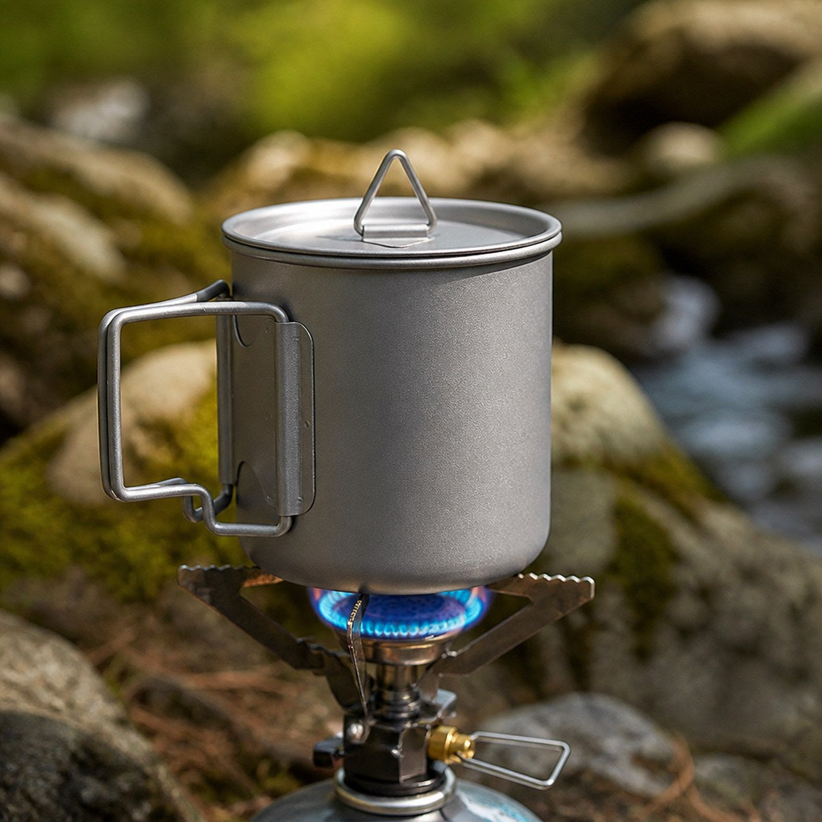 Titanium mug on a camp stove
