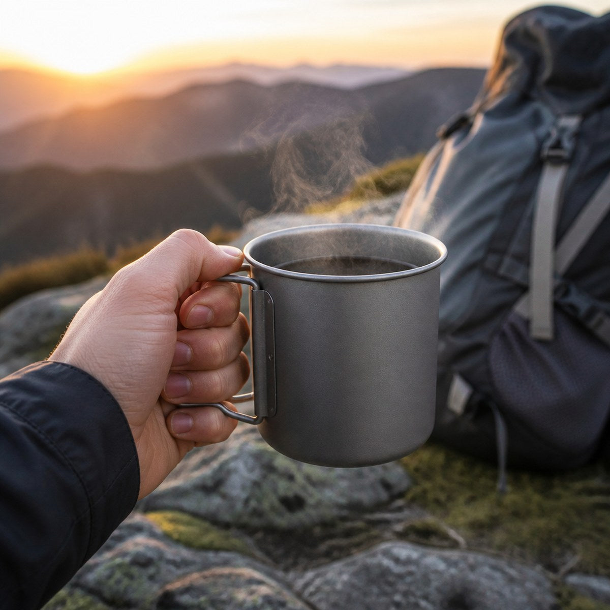 Cenovis titanium mug with trail coffee at first light