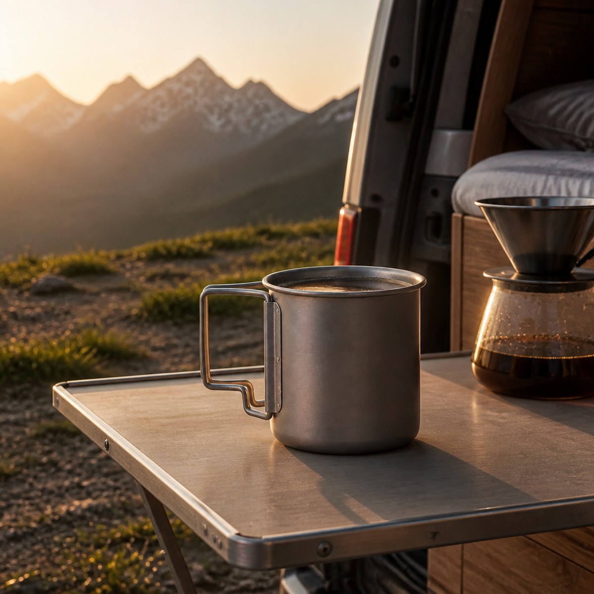 Titanium mug at a van campsite